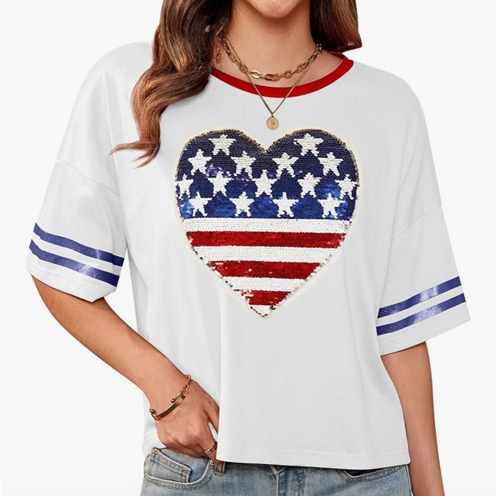 Women's White Heart Sequin Top New L